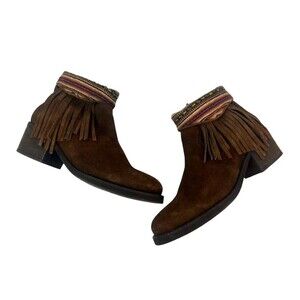 Anthropology Fortress of Inca Fringed Ankle Boots Womens Size 6 Brown Suede Boho